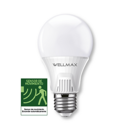 AMPOLLETA LED CON SENSOR DE MOVIMIENTO A60 E27 9W 6500K LUZ FRIA WELLMAX