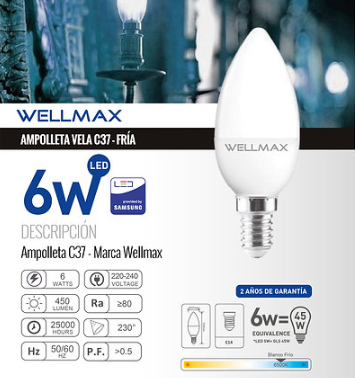 AMPOLLETA LED VELA C37 E14 6W 6500K LUZ FRIA WELLMAX