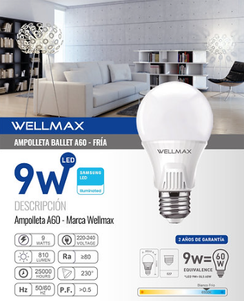 AMPOLLETA LED A60 E27 9W 6500K LUZ FRIA WELLMAX