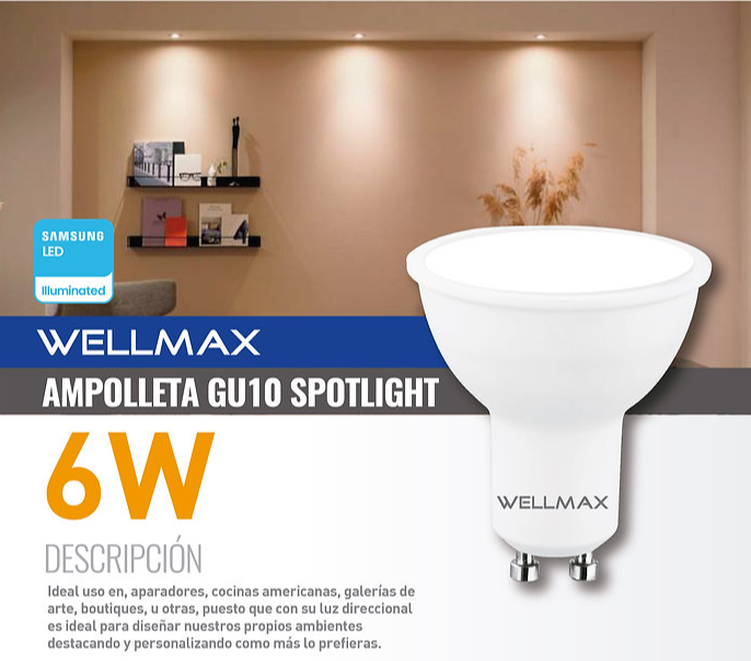 AMPOLLETA LED GU10 6W 3000K LUZ CALIDA WELLMAX