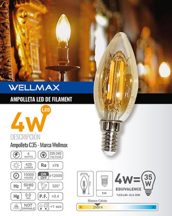 AMPOLLETA LED VELA AMBAR C35 E14 4W 2500K LUZ CALIDA FILAMENTO WELLMAX
