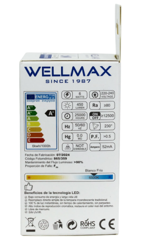AMPOLLETA LED G45 E27 6W 6500K LUZ FRIA WELLMAX