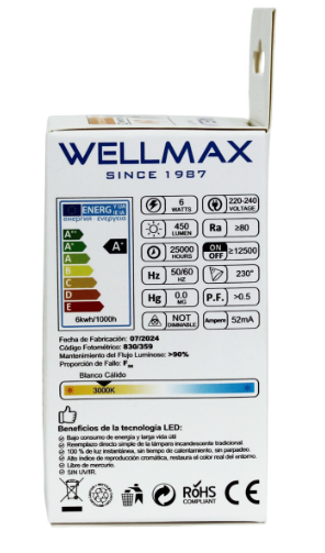 AMPOLLETA LED G45 E27 6W 3000K LUZ CALIDA WELLMAX
