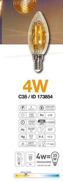 AMPOLLETA LED VELA AMBAR C35 E14 4W 2500K LUZ CALIDA FILAMENTO WELLMAX