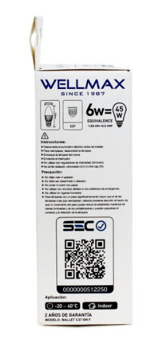 AMPOLLETA LED VELA C37 E27 6W 6500K LUZ FRIA WELLMAX